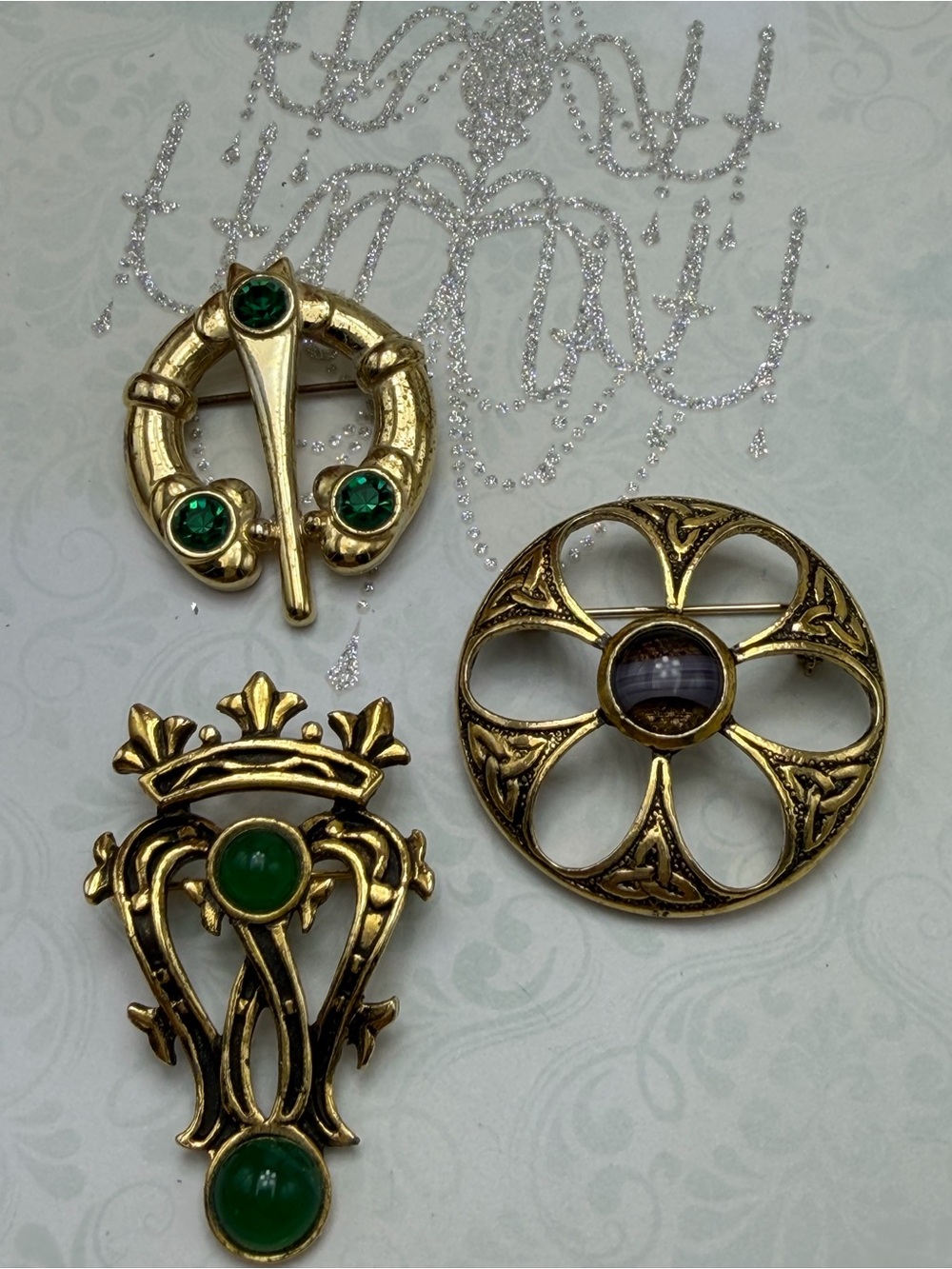 Vintage Celtic Brooch Set with Green and Purple Gem #cz214